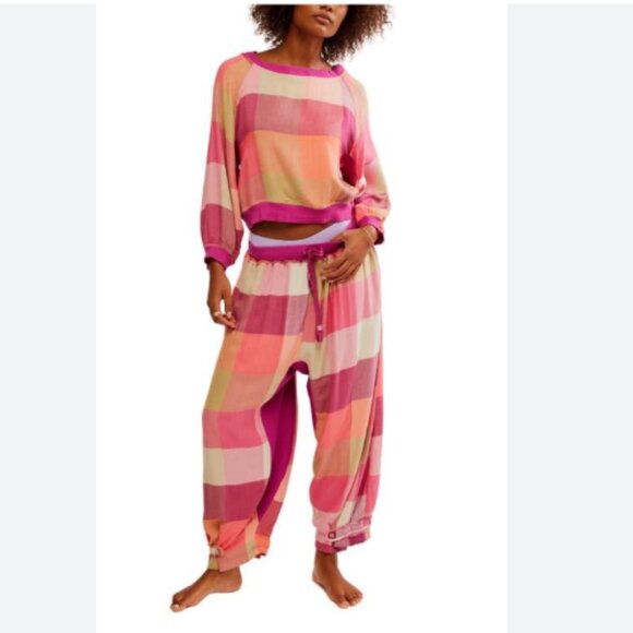 NEW FREE PEOPLE sugar cookie flannel pants in pink combo 257  2S7 - Picture 1 of 5